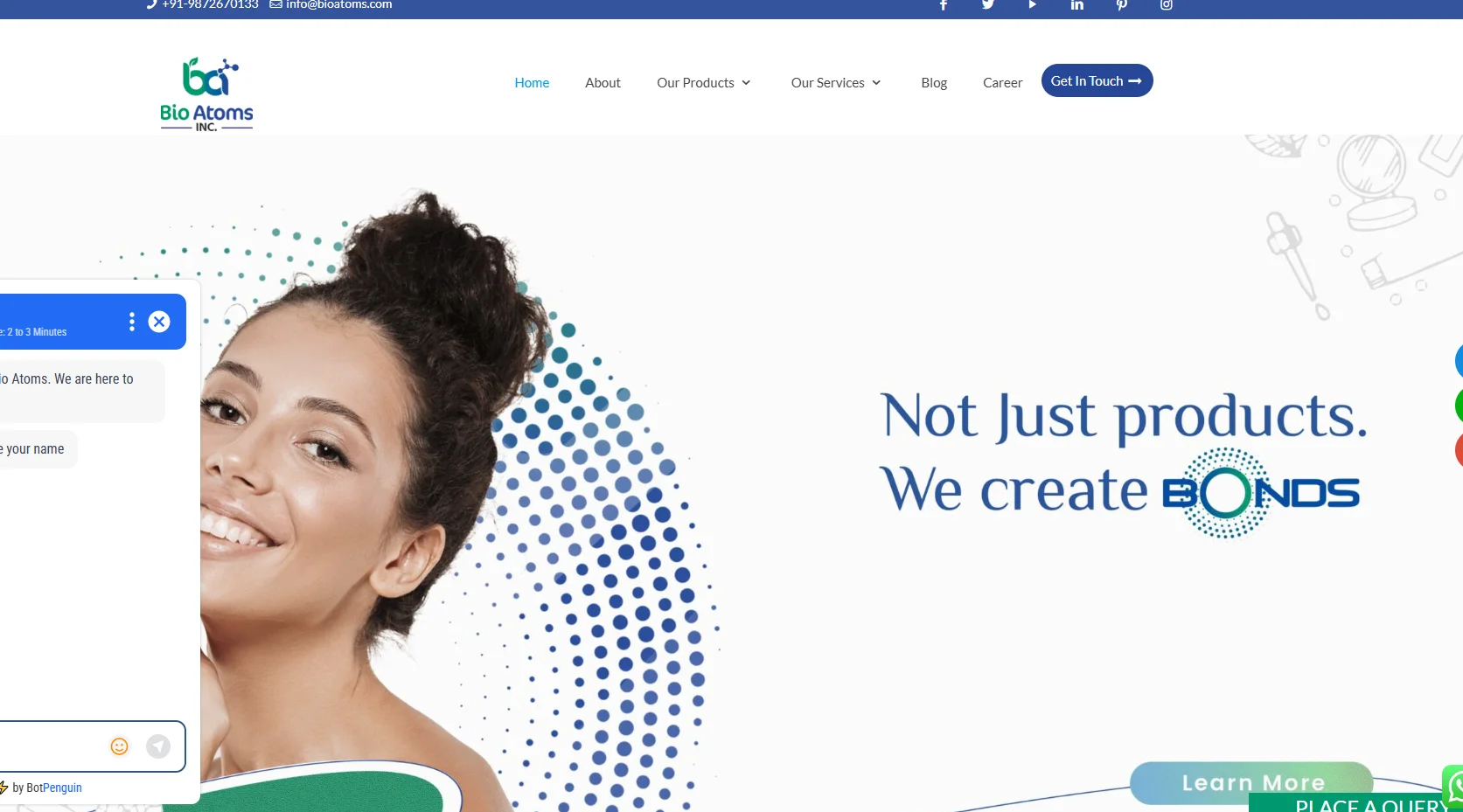 Bio Atoms Inc. website homepage featuring slogan and chat popup for customer inquiries.